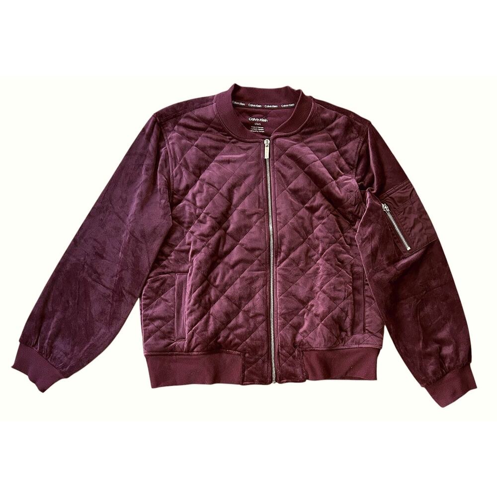 NWT Calvin Klein Stand Collar Quilted Burgundy Velour Bomber Jacket Large
